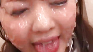 Sticky facial cumshot pleasures for wanton Japanese babes