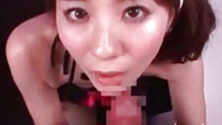 Thin japanese cock sucker in stockings goes facial on her knees